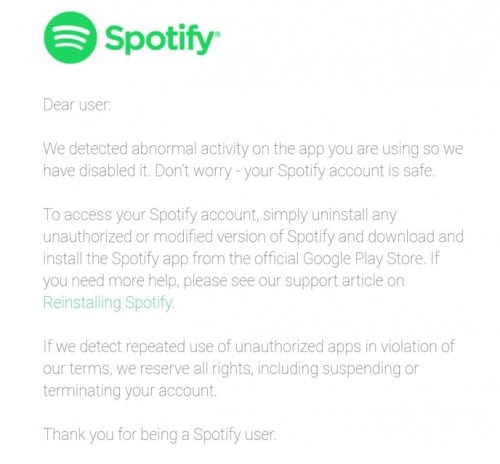 Carta de advertencia de Spotify