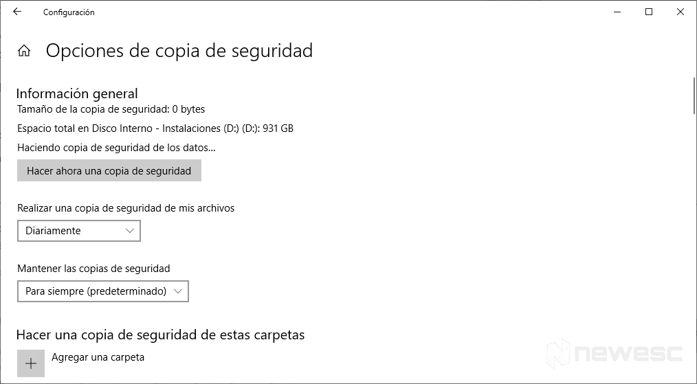 Copia de Seguridad en Windows 10 historial de Archivos 2