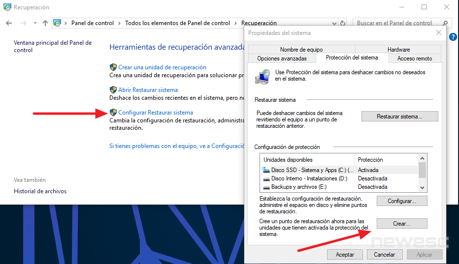 Copia de seguridad Windows 10 Punto de restauración