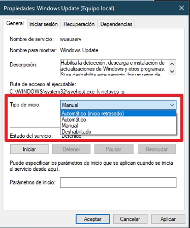 Deshabilitar actualizacion autom´tica en Servicios Windows Update