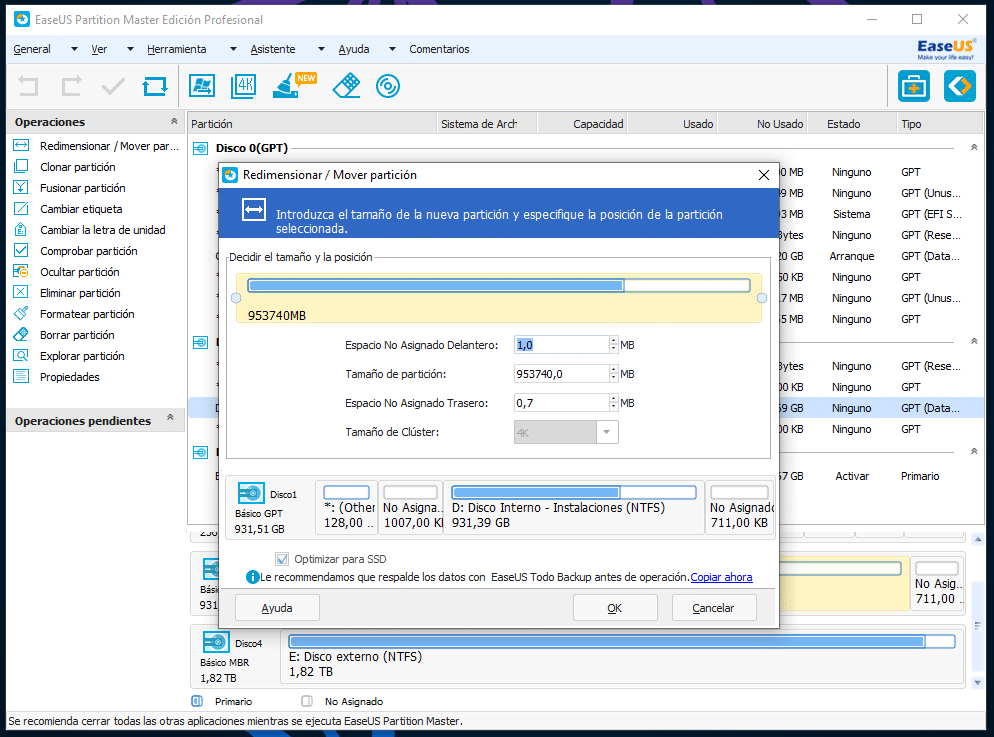 EaseUS Partition Master - Redimensionando o moviendo particiones en Windows 10