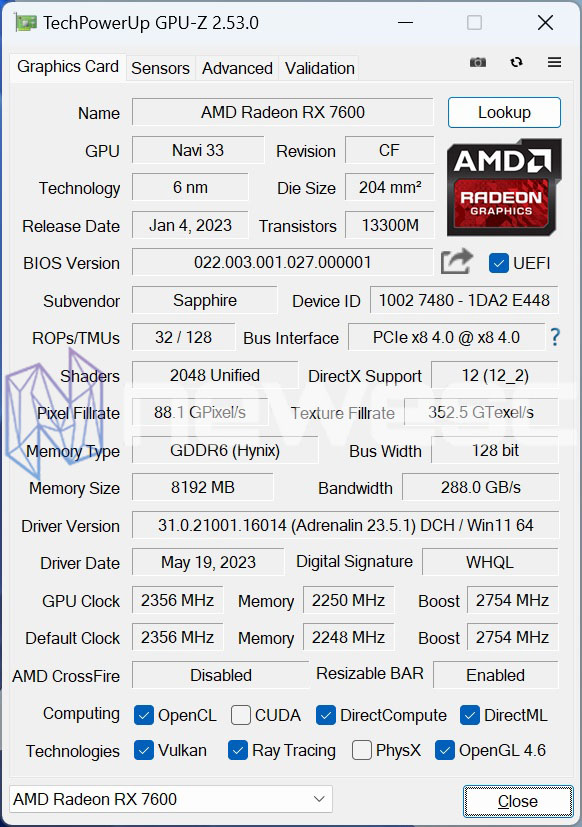 GPUZ SAPPHIRE RADEON RX 7600 PULSE OC 8GB