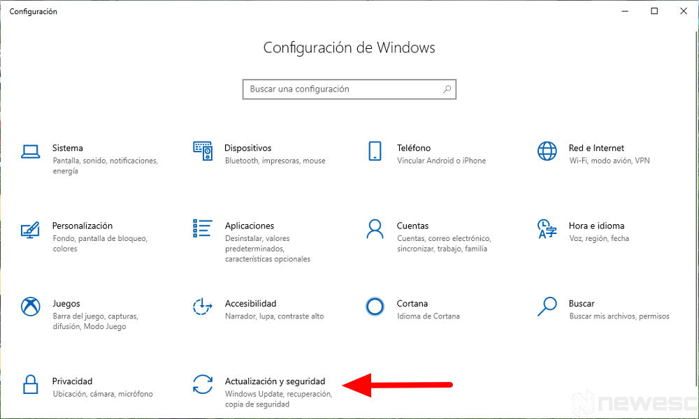Menú Configuración Actualziación y Seguridad Windows 10