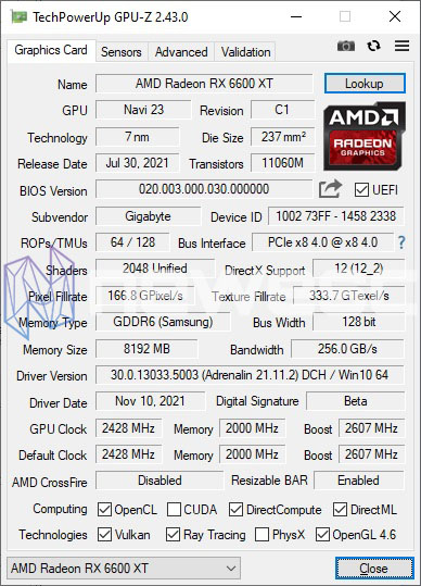 REVIEW GIGABYTE RADEON RX 6600 XT GAMING OC GPUZ