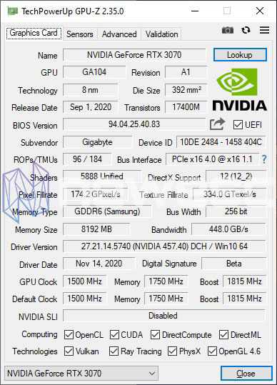 REVIEW GIGABYTE RTX 3070 GAMING OC 8GB GPUZ