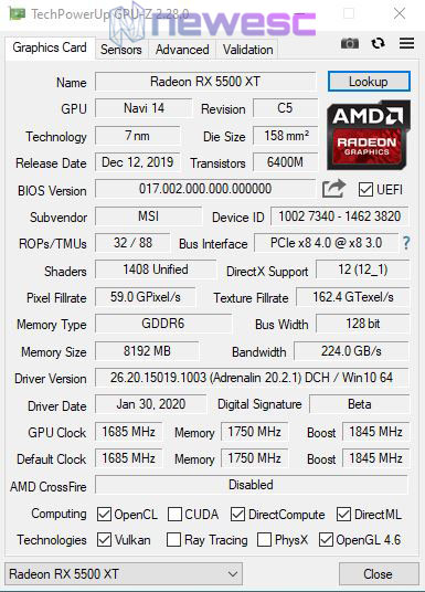 REVIEW MSI RADEON RX 5500 XT GAMING X GPUZ