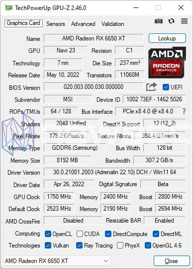 REVIEW MSI RADEON RX 6650 XT GAMING X GPUZ
