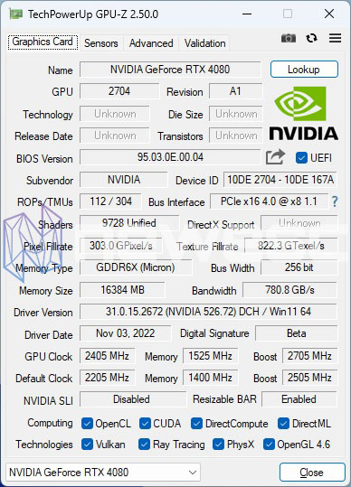 REVIEW NVIDIA RTX 4080 FE GPUZ