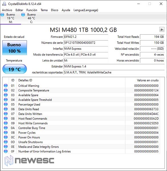 Review MSI Spatium M480 1TB CrystalDiskInfo