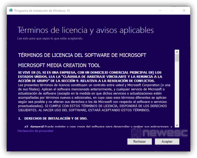 Terminos y condiciones Windows 10