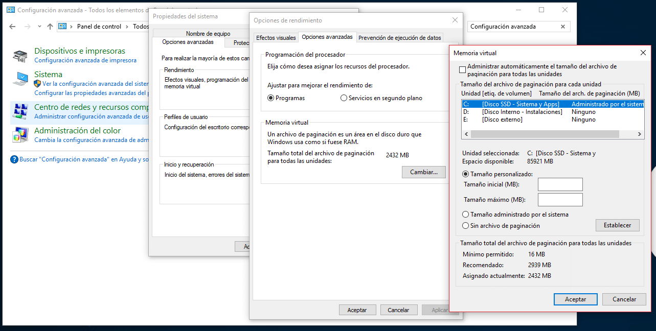 Trucos Windows 10 - Ajuste de memoria virtual