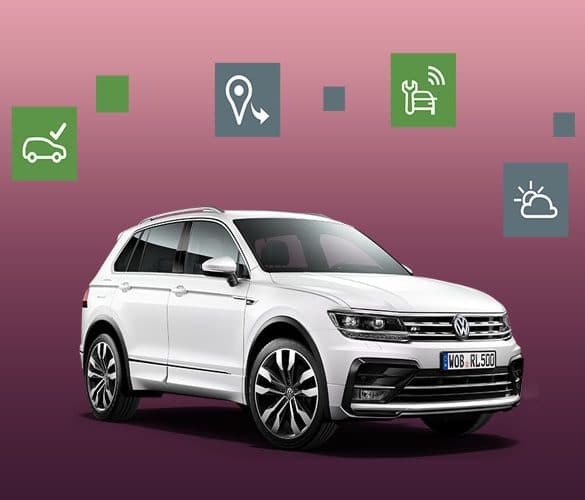 Volkswagen con iconos de las funciones de la app car-net