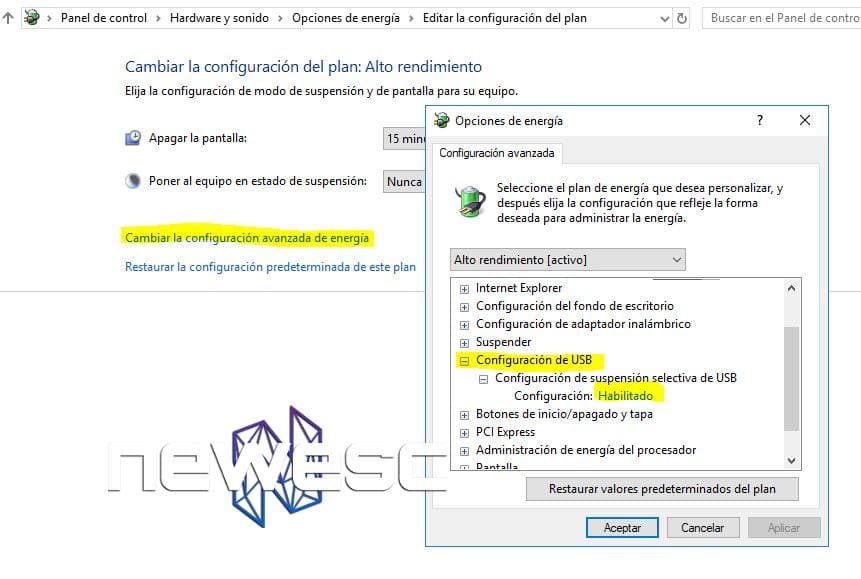 Windows 10 no reconoce el USB - Desactiva la opción de suspensión selectiva de USB