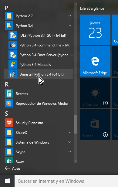 desinstalar un programa en Windows 10 desde el menu de inicio